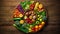 Healthy food clean eating selection fruits and vegetables on a round wooden surface in a rustic style. AI generative