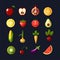 Healthy food colored flat icon set. Fruits and vegetables in one set, colored flat fresh healthy food icons, vector