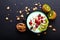 Healthy food colorful Yogurt Breakfast Bowl with kiwi, flax seeds, Granola, and red currants in black ceramic bowl with copy