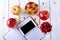 Healthy food concept: cereal berries and apple on a wooden table