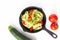 Healthy food concept homemade Guilten-Free Zucchini Noodles, Pasta with tomato in iron skillet pan