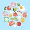 Healthy food concept. Nutrition concept. Cute vector flat illustration with shrimp, salmon, eel, caviar, seafood, vegetables