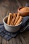 Healthy food condiment with medicinal properties, true Ceylon Cinnamon sticks and powder in a bowl