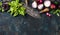 Healthy food cooking background over dark blue painted plywood texture