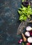 Healthy food cooking background over dark blue painted plywood texture