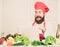 Healthy food cooking. Mature hipster with beard. Happy bearded man. chef recipe. Cuisine culinary. Vitamin. Vegetarian