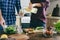 Healthy food. Couple preparing summer salad home kitchen