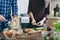 Healthy food. Couple preparing summer salad home kitchen