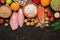 Healthy food on a dark background, salmon, chicken fillet, fruits, vegetables, cereals, cottage cheese. Top view, space for text.