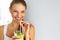 Healthy Food Eating. Woman Drinking Smoothie. Diet. Lifestyle. N