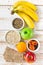 Healthy Food Fiber Source Breakfast Oatmeal Fruits Apples Green Red Bananas Orange Milk Thistle, Rye Bran Scandinavian Crispbread