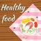 Healthy food flatlay steamed fish vegetables plate wooden background flat design vector illustration