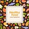 Healthy food frame with background for text. Square card design with fresh vitamin vegetables, fruits, mushrooms and fish pattern