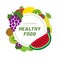 Healthy food. Fruits sketch menu. Round Frame. Color circle. Fresh apple, grapes, lemon, watermelon, strawberry, kiwi and pear.