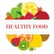 Healthy food. Fruits sketch menu. Round logo. Fresh apple, lemon, orange, pineapple, watermelon, cherry, strawberry, kiwi,