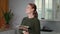 healthy food, girl eating vegetarian salad then looks at camera and smiles in kitchen, woman in glasses holds plate with