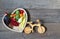 Healthy food in heart and bike diet sport lifestyle concept on vintage boards