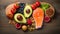 Healthy food in heart and cholesterol diet concept on vintage boards