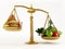 Healthy food and junk food in scales of a balanced scale. 3D illustration