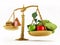 Healthy food and junk food in scales of a balanced scale. 3D illustration