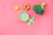 Healthy food for little baby. Vegetable puree with broccoli near pacifier and toys on pink background top view copy