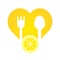 Healthy food logo. Lemon slice with hearth, fork and spoon