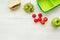 Healthy food in lunchbox for dinner at school white table background top view mockup