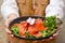 Healthy food meal cooked Fresh Salmon Salad served with Cucumber Roe and Lettuce bean sprouts Tomato garnished with salali a