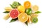 healthy food. mix sliced lemon, green lime, orange, mandarin, kiwi fruit and grapefruit with green leaf on white