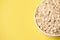 Healthy food. Muesli for breakfast. White bowl. Yellow background