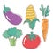 Healthy food nutrition diet organic eggplant tomato carrot corn and broccoli vegetables icons