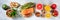 Healthy food panorama. Salmon, grapefruit, asparagus, ginger etc