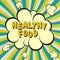 Healthy food retro style image. Comic cartoon explosion with hypno rays background. Vector illustration for diet and nutrition, we