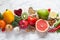 Healthy food selection: fruits, vegetables, seeds, nuts on light background
