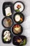 Healthy food in seven boxes. Breakfast, lunch and dinner, meal day plan. Vertical food