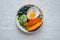 Healthy Food Sweet Potato Fried Egg Avocado Blueberry and Salad