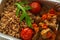 Healthy food take away in foil box, russian buckwheat kasha