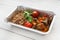 Healthy food take away in foil box, russian buckwheat kasha