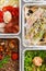 Healthy food take away, top view background