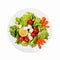 Healthy food. Tasty salad with cherry tomatoes, salad leaves, lemon, spices, carrot and quail eggs isolated on white background