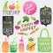 Healthy food vector stickers. Cafe, farmers market, organic grocery shop logotypes.