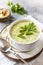 Healthy food. Vegan soup puree of green vegetables. Bowl of green bean and zucchini cream soup on a stone table. Copy space