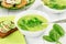Healthy food vegetarian soup with asparagus and spinach, green peas and bread with vegetables.