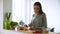 Healthy Food. Woman Cooking Fresh Vegetable Salad At Kitchen