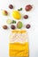 Healthy food in a yellow eco bag. Zero waste concept, colorful reusable eco bags