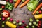 Healthy foods, cooking and vegetarian concept peppers, carrots, daikon, lettuce, radishes, corn, rosemary place text,frame on