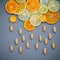 Healthy foods and medicine concept. Pills of vitamin C and citrus fruits in the shape of cloud and raining. Citrus fruits sliced