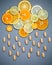 Healthy foods and medicine concept. Pills of vitamin C and various citrus fruits sliced in the shape of cloud and raining. Mixed