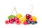 Healthy fresh fruits. Composition of ripe red sweet cherry with horns, raspberries, apricots and blueberries with leaf isolated on