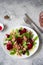 Healthy fresh salad. Beetroot, red chard and canned tuna salad. Healthy Meal recipe preparation. Plant-based dishes. Green living